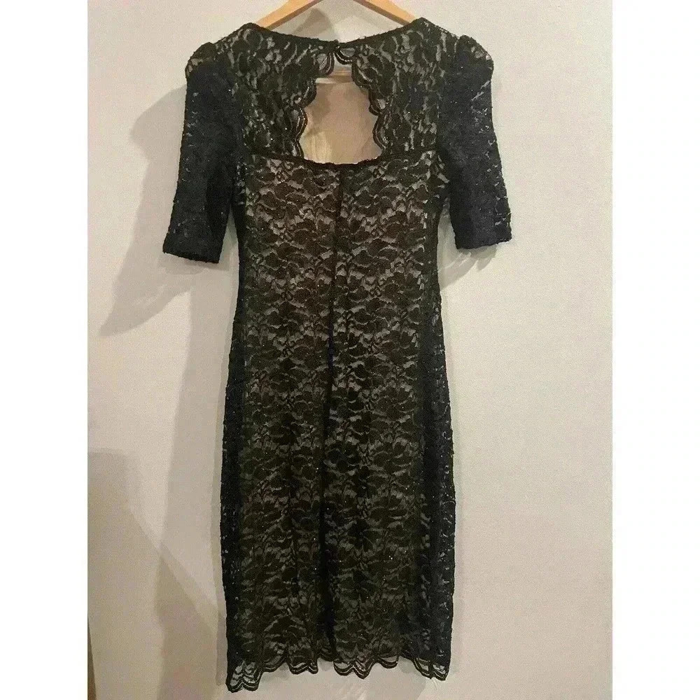 Vintage Black Mini Dress Lace Nude Cocktail Party Fitted Bodycon Midi Sparkle - Picture 3 of 5